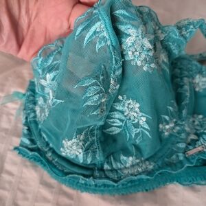 La Vie En Rose Teal Embroidered Sheer Underwire Bra